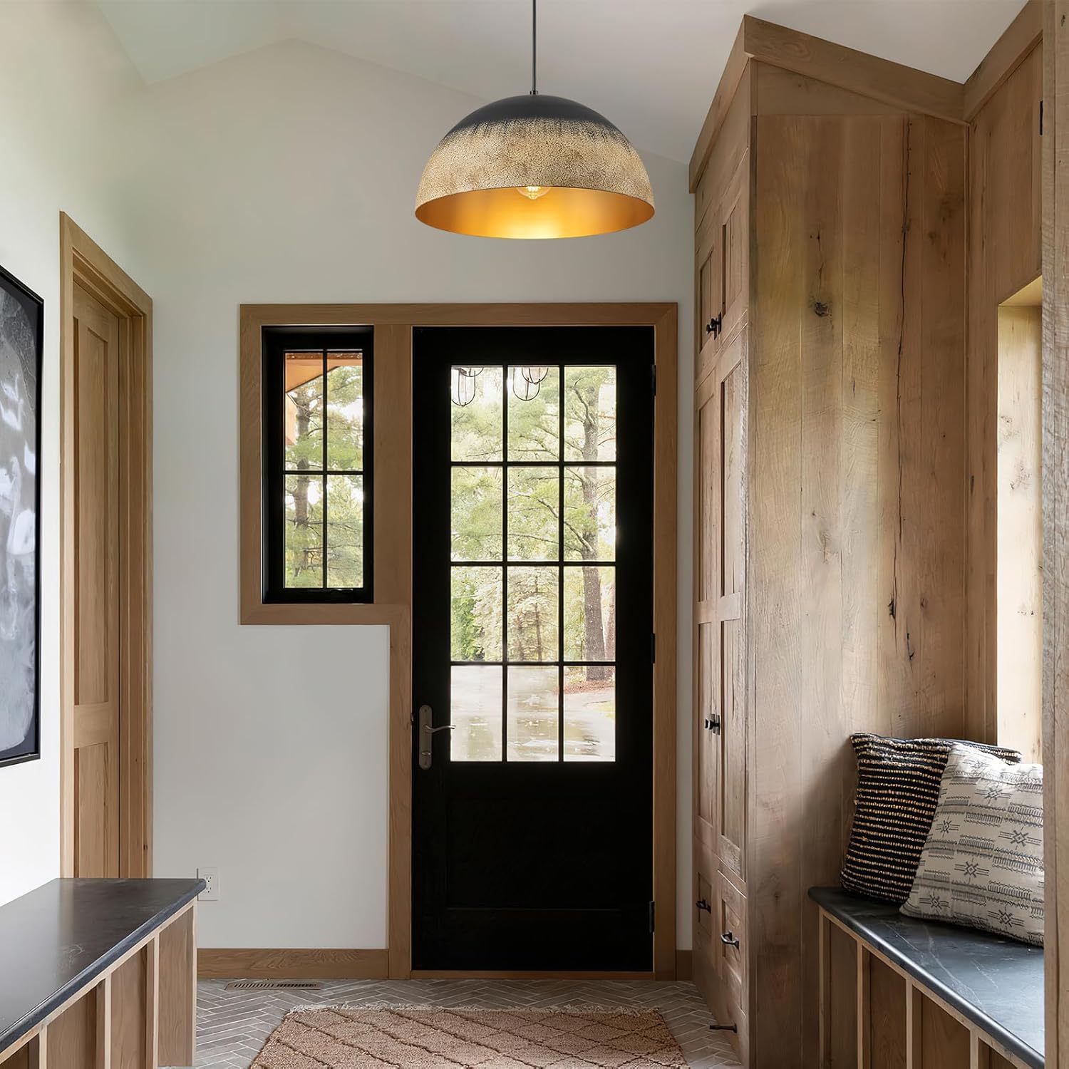 Dome Pendant Light Fixtures, 15.75" Industrial Black and Sandy Mud Finish Rustic Pendant Light Kitchen Island, Farmhouse Metal Hanging Lamp for Dining Room, Kitchen, Hallway