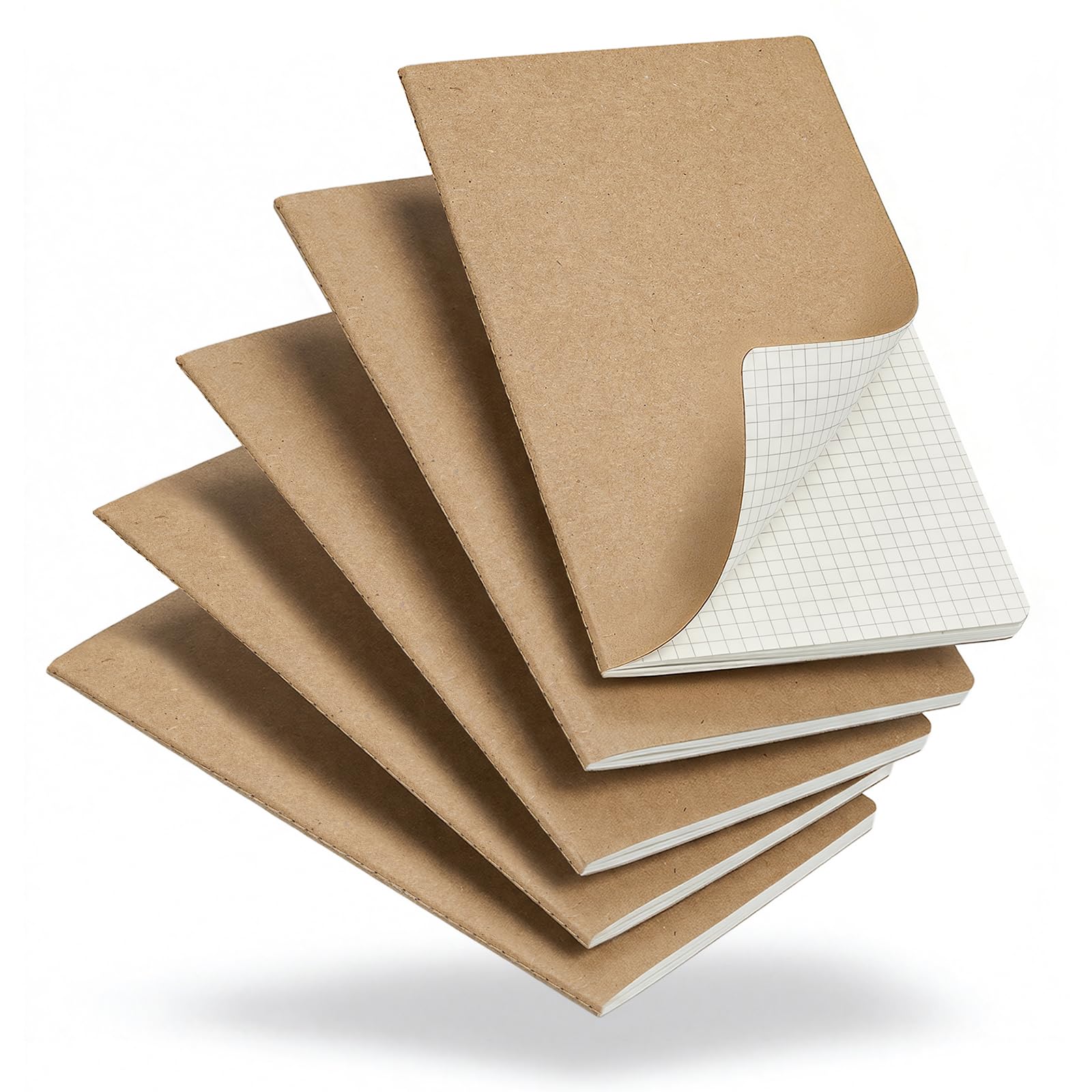 Foliom 5 Pack A5 Squared Notebook, 60 Pages, Natural Kraft Cover Grid Notebooks, 21 x 14cm, Ideal for School Office Students Artists