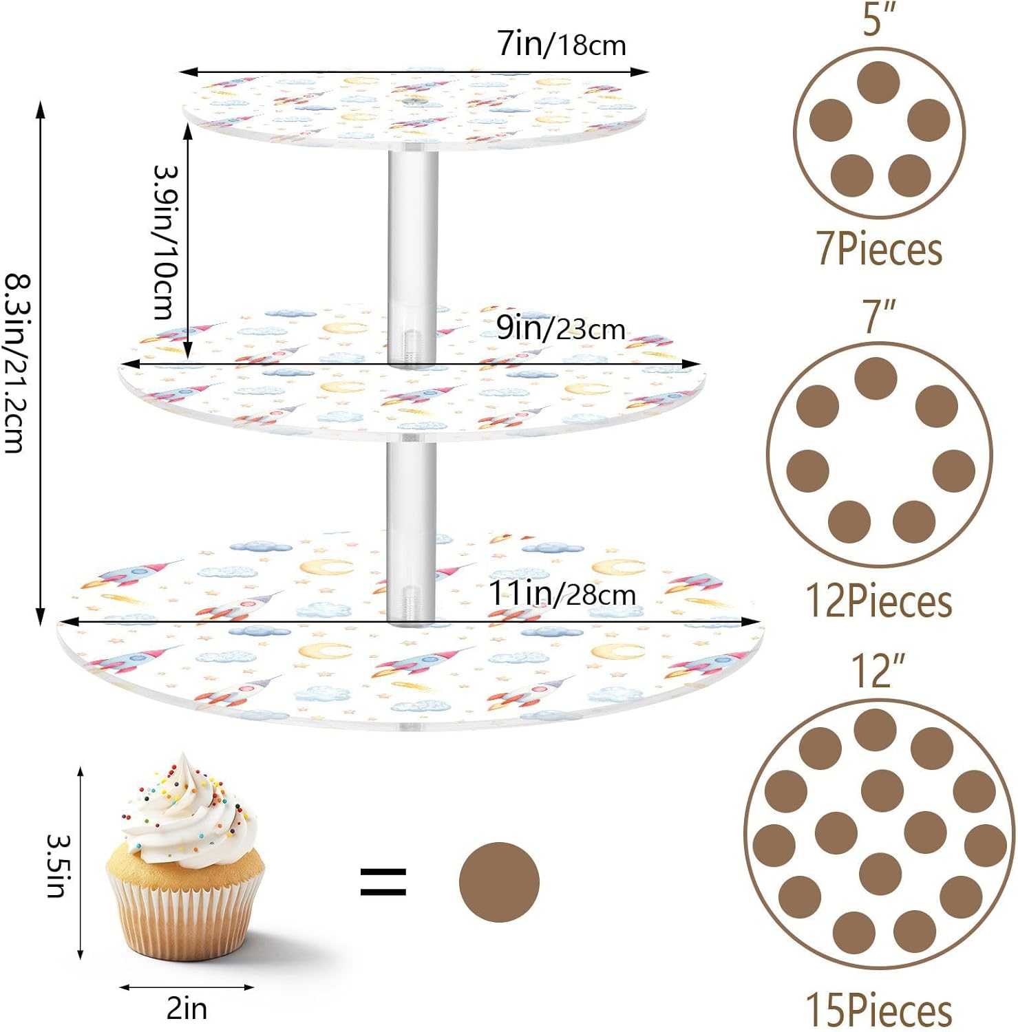 Spaceship Moon Star Cloud 3 Tier Acrylic Cupcake Stand, Cupcake Stand for 34 Cupcakes for Weddings,Christmas,Holidays,Parties,Birthday,Printed Cupcake Tower 23300366
