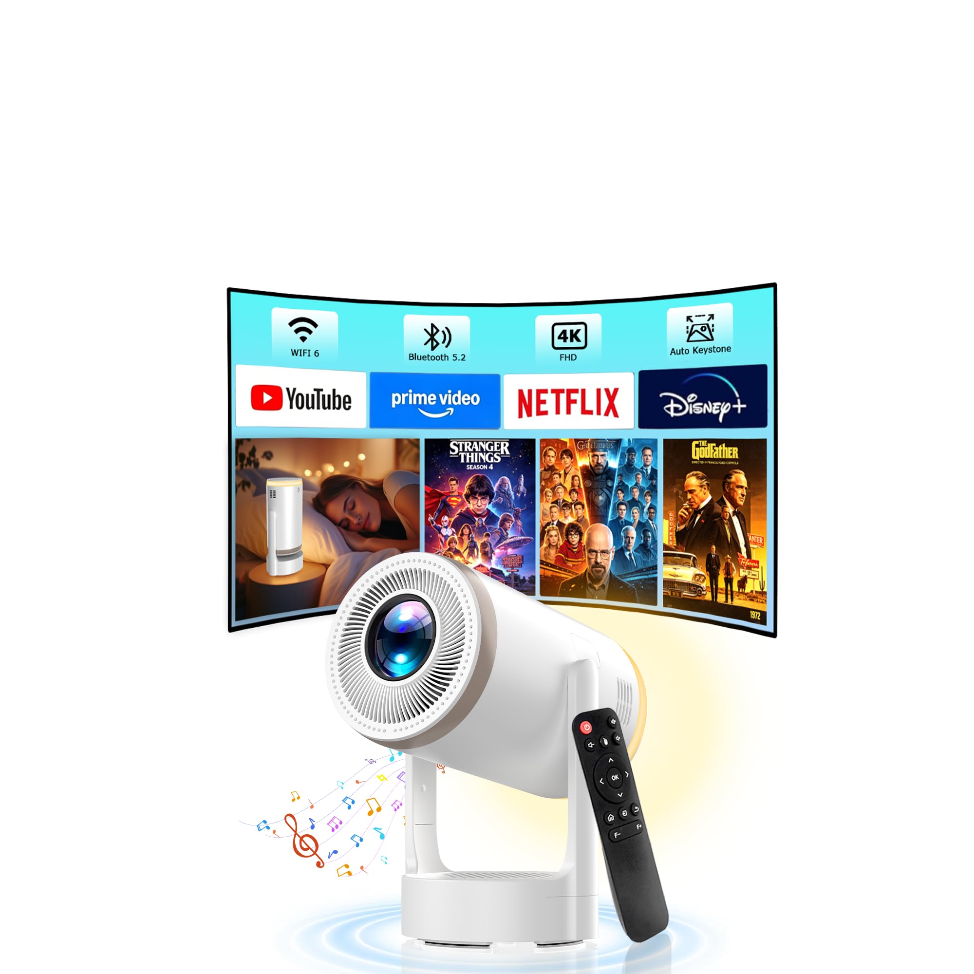 Photo 1 of [Built-in Apps] 2-in-1 Portable Projector & LED Night Light, Smart Projector with WiFi and Bluetooth, Supports 4K/1080P, Electric Focus/Enhanced Speaker, Home Movie Projector for Bedroom