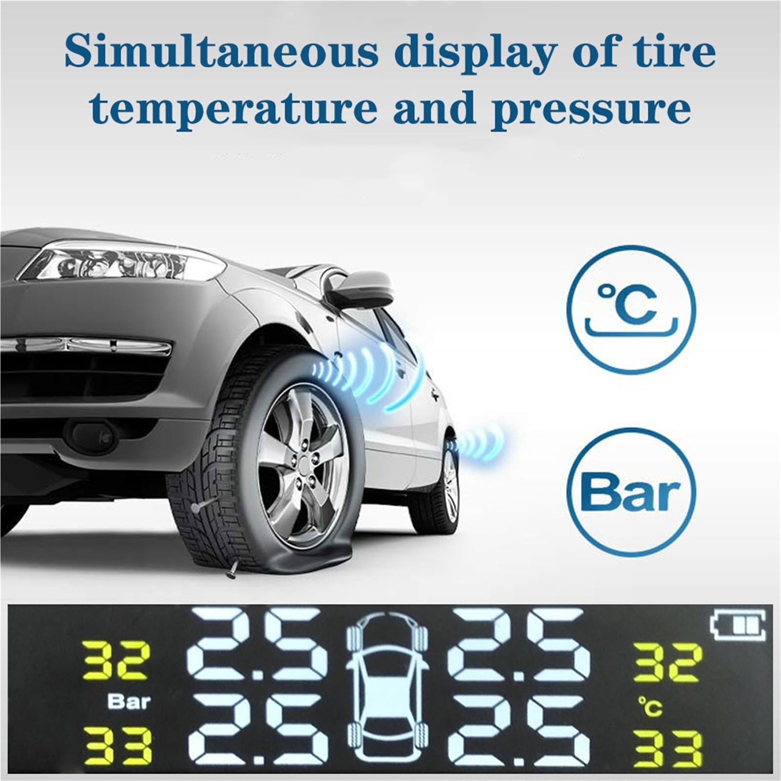 Inalámbrico Presión Neumáticos para Alerta Inteligente Temperatura Y 4 Sensores Externos, Pantalla LCD TPMS para Coche Medidor Digital de Presión de Neumáticos