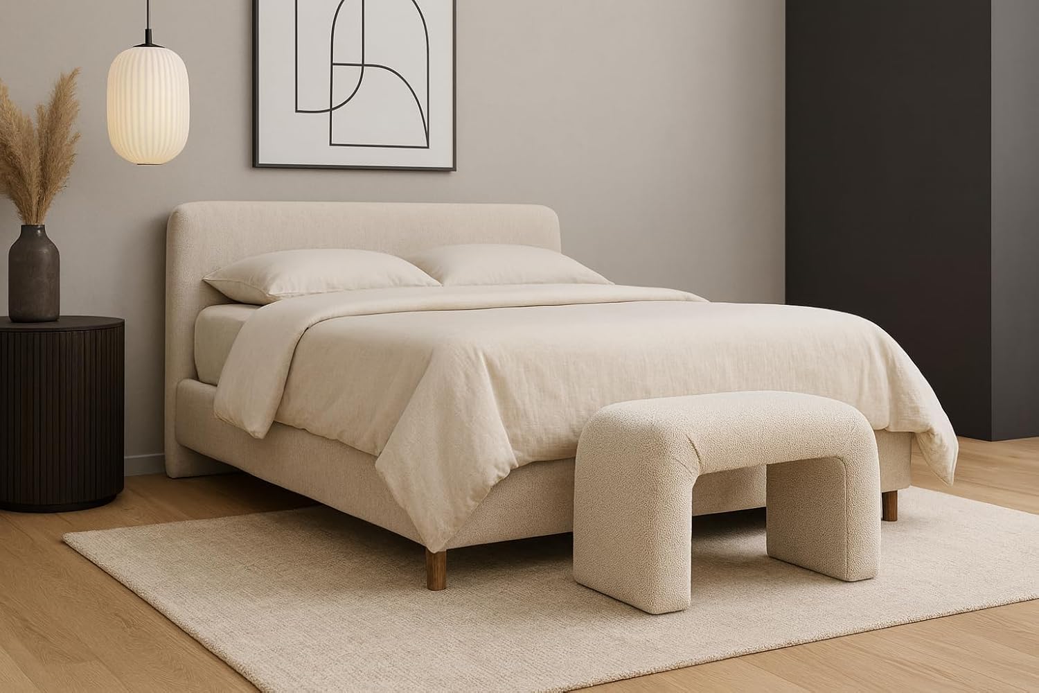 Meridian Furniture 169Cream Niagara Collection Modern | Contemporary Boucle Fabric Upholstered Bench with Rich Cream Boucle Fabric, Curved Contemporary Design, 28" W x 15.5" D x 17.5" H, Cream