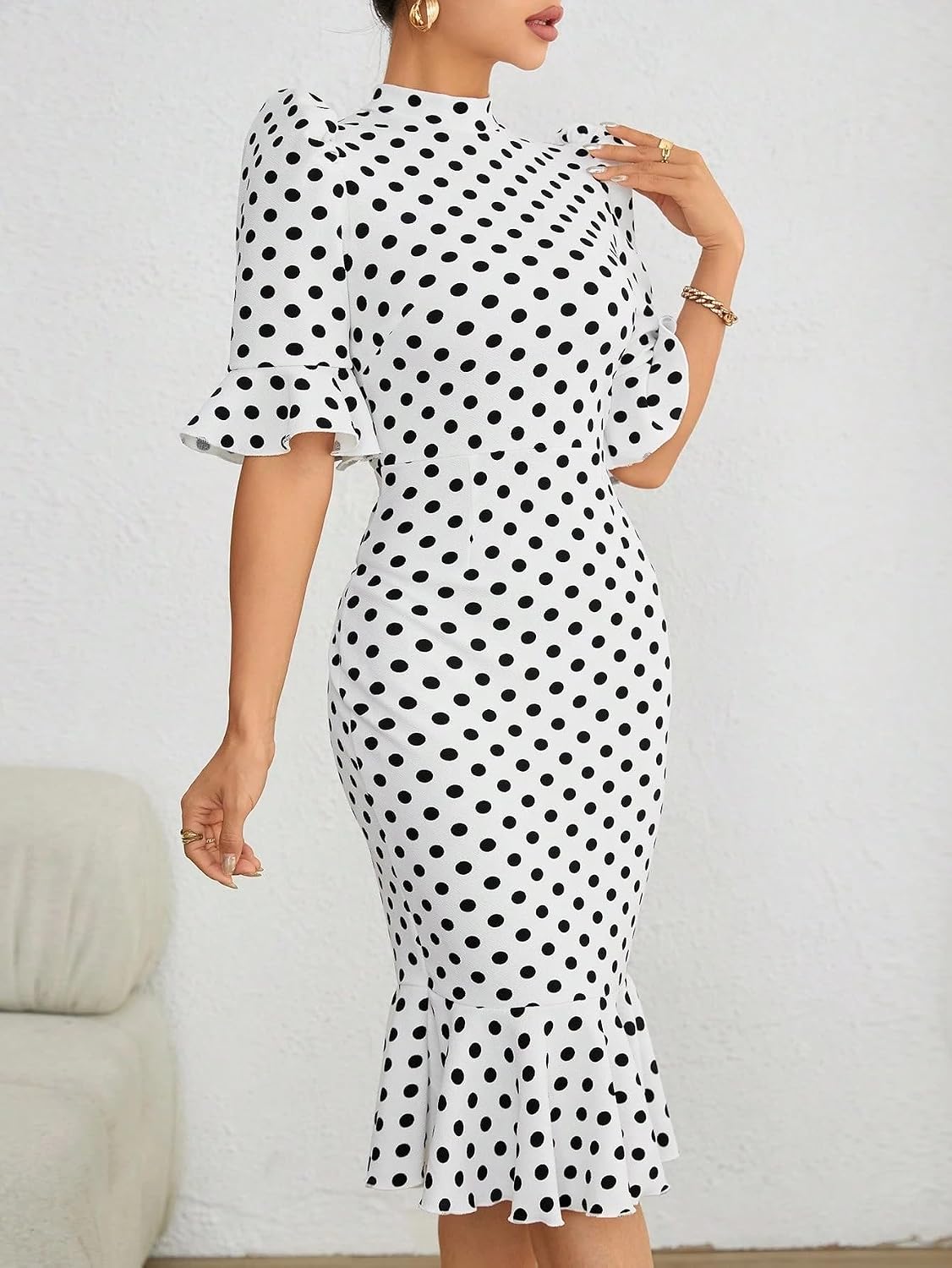 Women Knit Sweater Dress Polka Dot Print Sleeve Mermaid Hem Dress