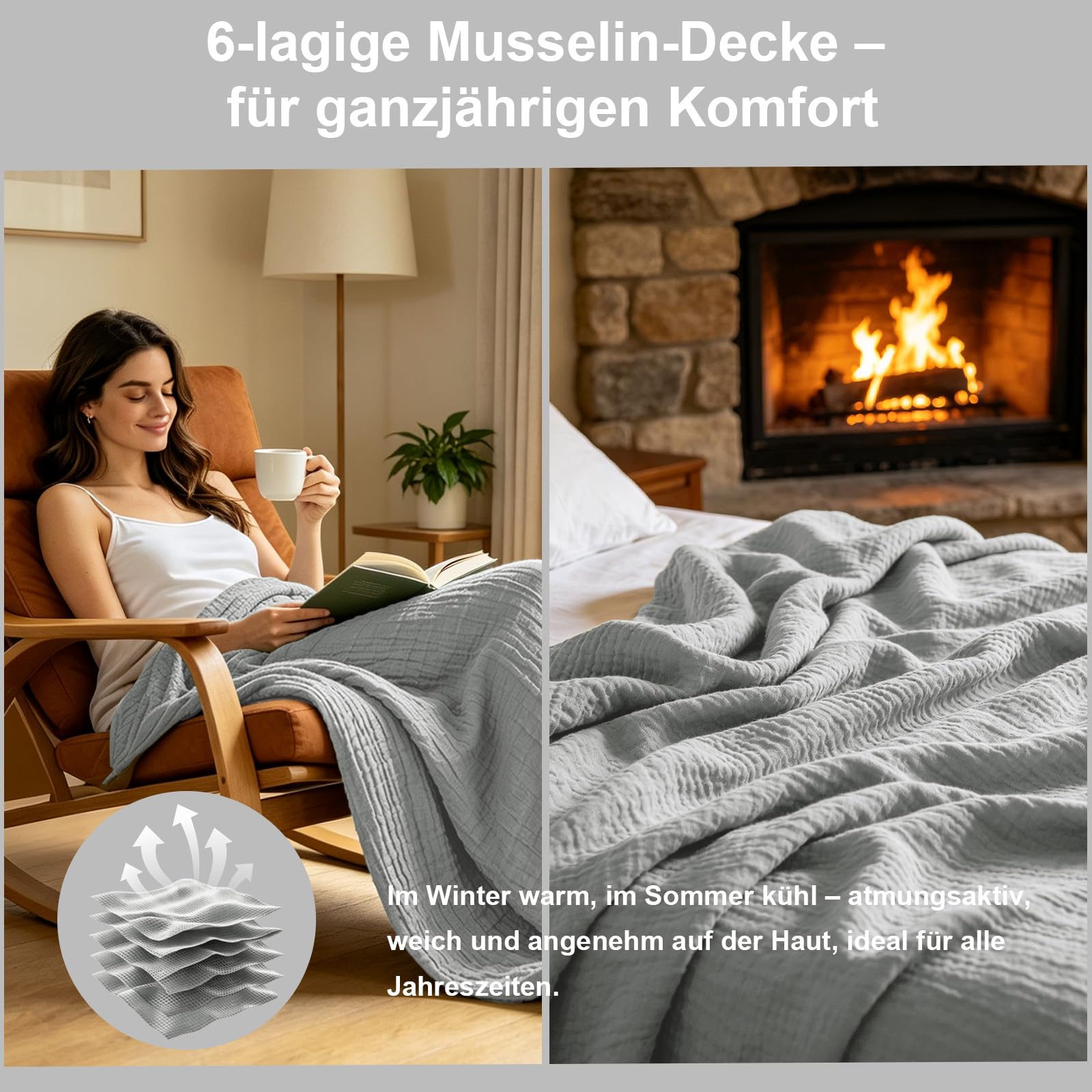 6-Lagen Musselin-Decke 150x200cm Atmungsaktiv Grau