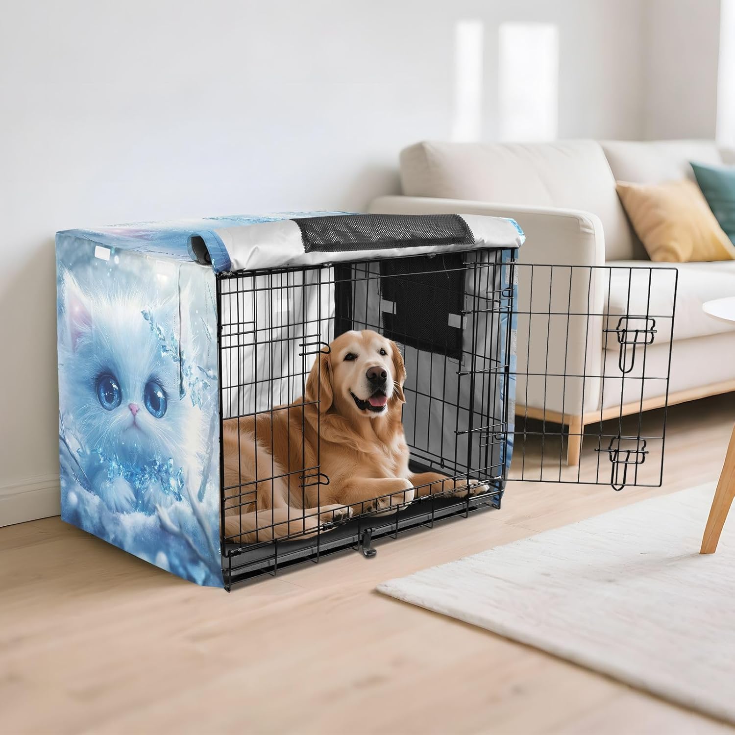 Cute White Cat Dog Crate Covers Water-Resistant, S-XL Wind-Resistant Crate Cover for Dog, X-Large