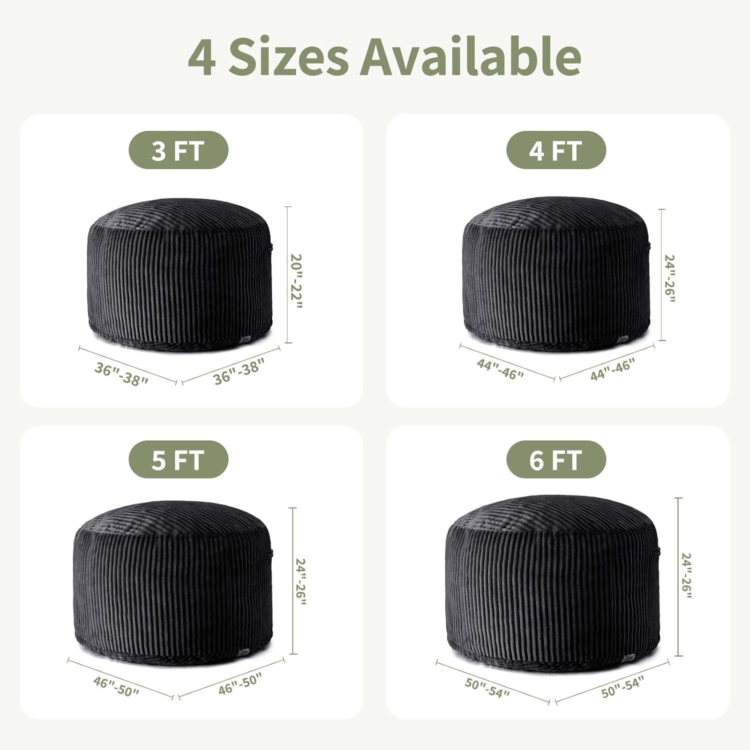 3FT Bean Bag Chairs for Adults, Medium Memory Foam Beanbags with Machine-Washable Wide Stripe Plush Cover Bean Bag Chair for Living Room Bedroom Dorm Office-Jet Black