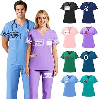 Custom Scrubs for Women Set, Men Nurse Uniform Personalized Medical Scrubs Logo,Name,V-Neck Top,Pants,Pockets,Workwear