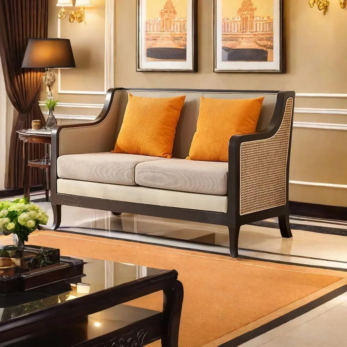 modern rattan cane sofa with curved arms wooden frame, beige cushions and throw pillows sofa for living room, bedroom, hallways (2 seater beige & brown)