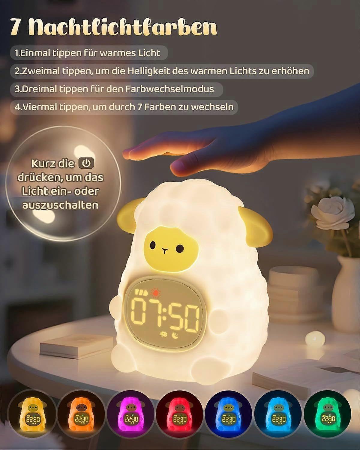 Wecker Schafe mit Nachtlicht für Kinder Wiederaufladbare Silikonlampe Niedliche Tier Schreibtischlampe Idealer Schlafbegleiter für Jungen und Mädchen