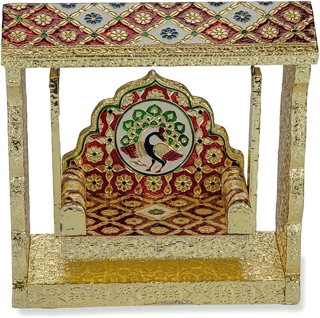 Decorative Laddu Gopal Jhula Wooden Handcrafted Velvet with Golden Work for Bal Gopal Idol/Krishna Jhoola for Home Temple Indian Traditional Holi Festival Decorations (Height Size:-9")(Multicolour)