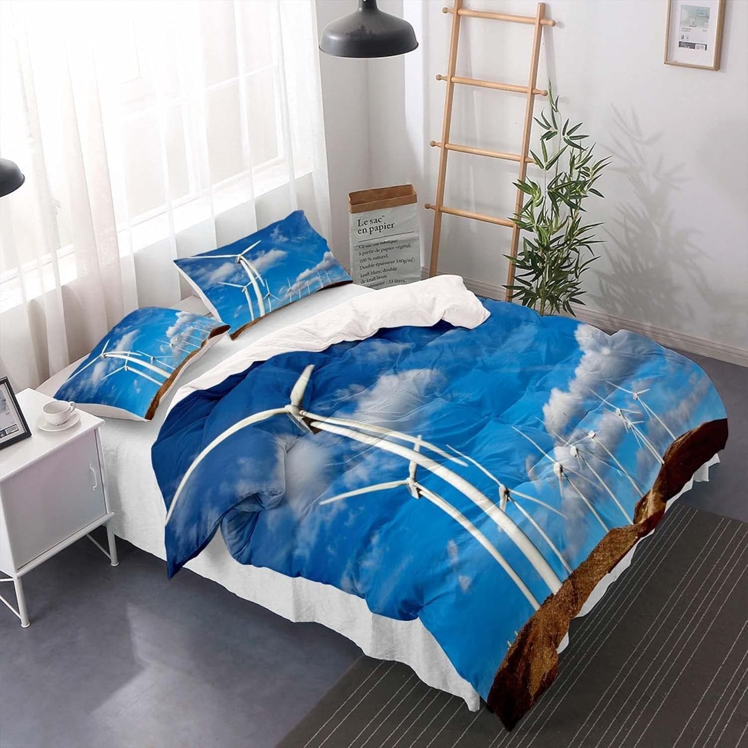 Funda Nordica Cama 135/150 Aerogenerador 3D Microfibra Suave Ropa de Cama Molino de Viento Eléctrico 3 Pezzi Include 1 Fundas de Edredón 220x240 cm 2 Fundas de Almohada 50x75cm e.2146