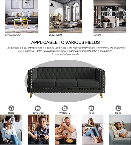 Miniatura 4 de Modern 3 Seater Couch Black Velvet Sofa Upholstered Button Tufted Nailhead Trim, Square Arm Loveseat Sofa, Sturdy Golden Metal Legs, 80.5'' Couch