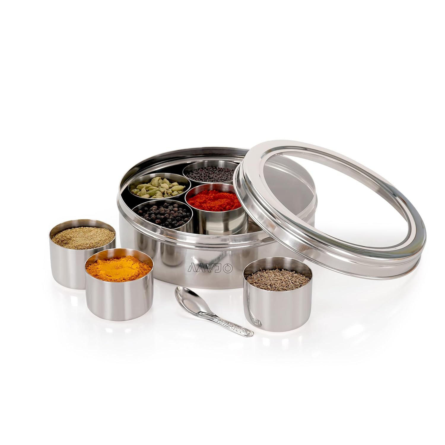 Aavjo Stainless Steel Round Masala Dabba Spice Storage Box with See Through Lid | 7 Containers Spoon Set | Medium Size 1.5 Ltr | Dry Fruits and Spice Organiser for Kitchen