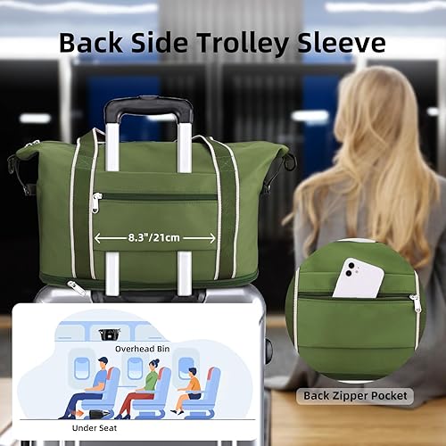 Vista 4 de WALNEW Bolsa de viaje de fin de semana, bolsa de transporte para mujeres y hombres, plegable, impermeable, con correa de hebilla de metal, Verde