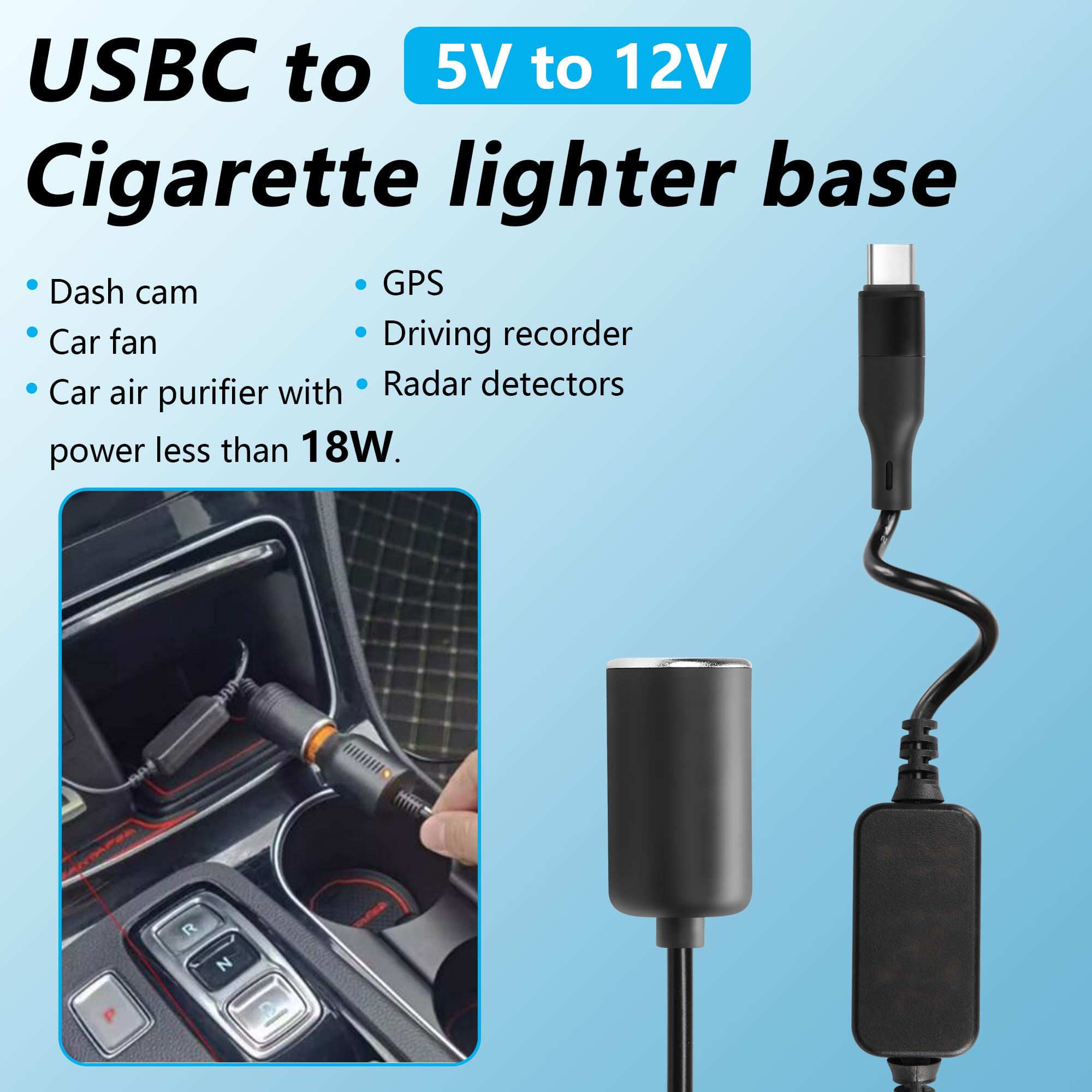 CERRXIAN Wtyczka USB C 12 V 18 W, gniazdo zapalniczki, adapter, kabel zasilający do kamery rozdzielczej, wykrywacza radarów, GPS, listew LED i innych urządzeń elektronicznych