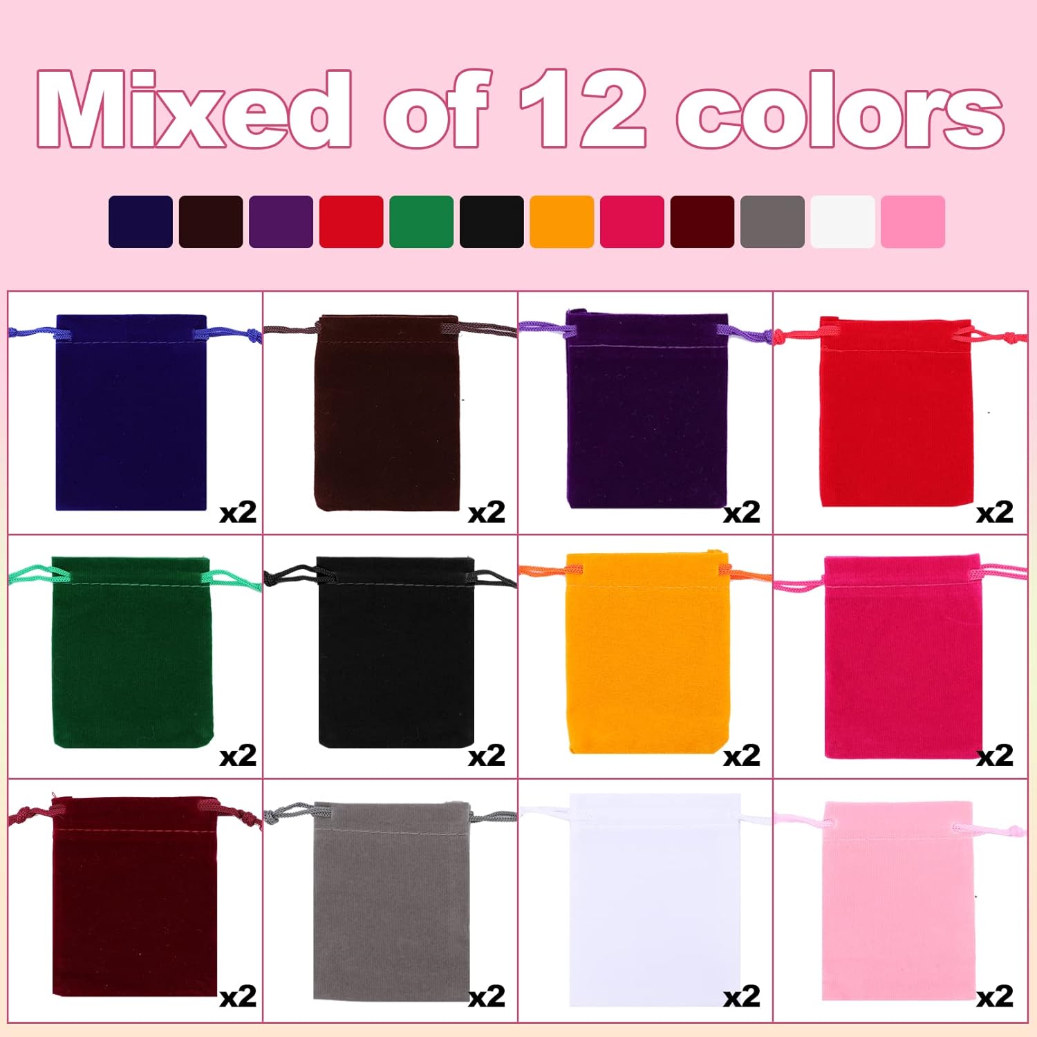 24 Velvet Drawstring Bags - 12 Colors, Small, 2.8''x3.5'' - Velvet Jewelry Pouches for Wedding Favors, Gifts & Events - Image 4