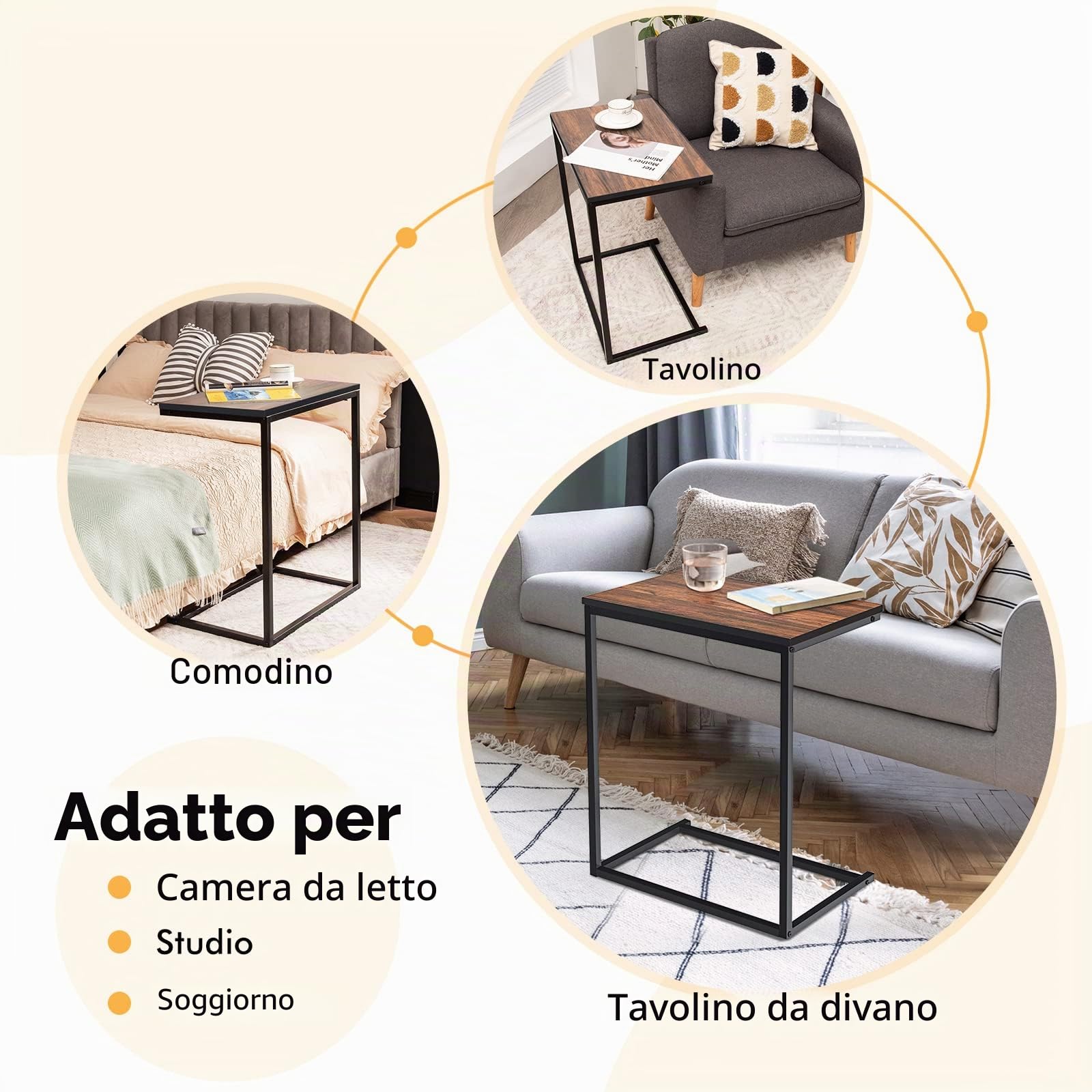 GIANTEX Tavolino a Forma di C, Tavolino Salvaspazio, Struttura in Legno e Ferro, Industriale, Ideale per Soggiorno, Camera da Letto, Ufficio, 55x35x65 cm, 2 Colori Disponibili