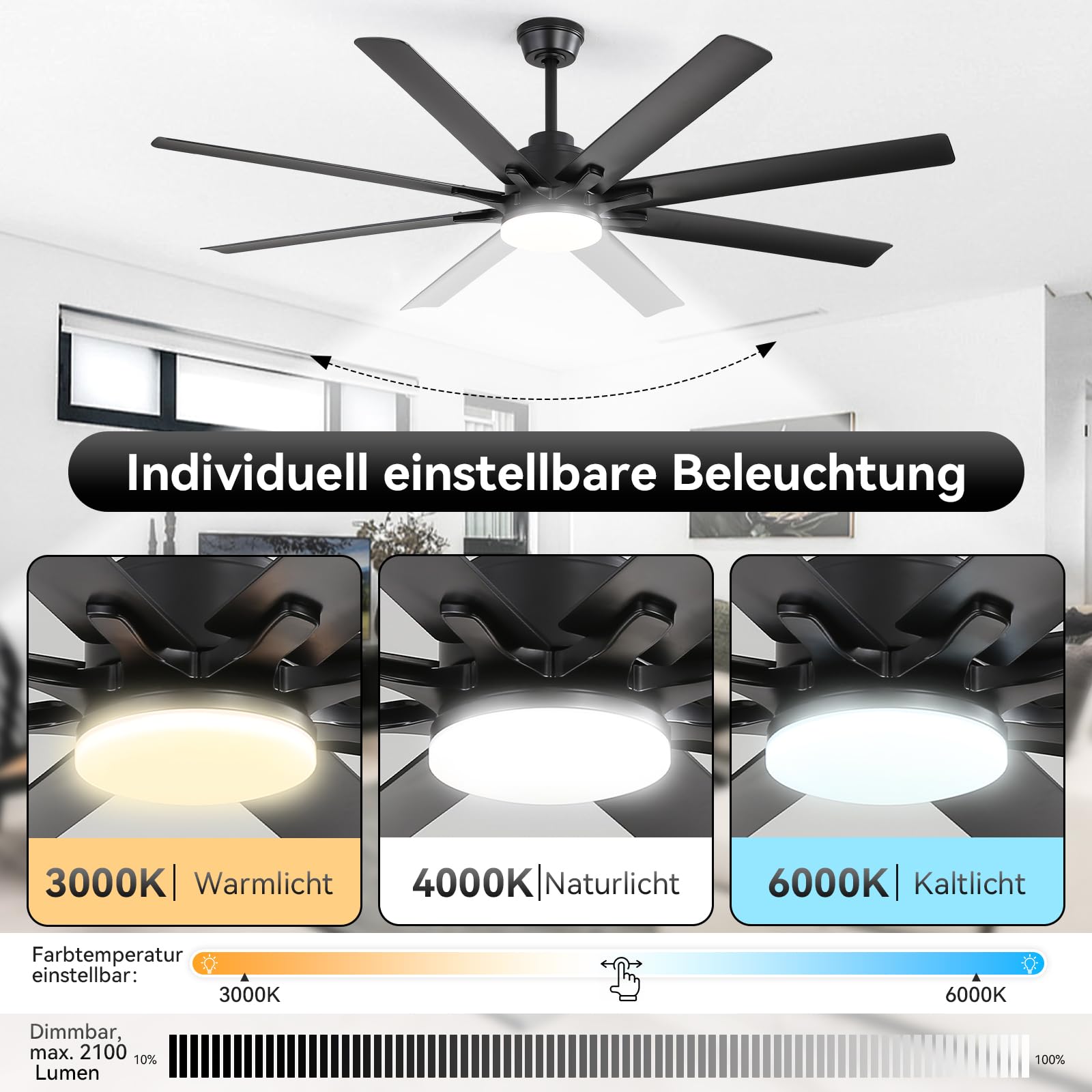 Sofucor Smart Deckenventilator mit Beleuchtung,132cm Leise Deckenventilator mit Licht, Alexa/APP, WiFi, Fernbedienung, DC, 3 Farbtemperatur, Timer, 6 Geschwindigkeiten, Sommer Winterbetrieb