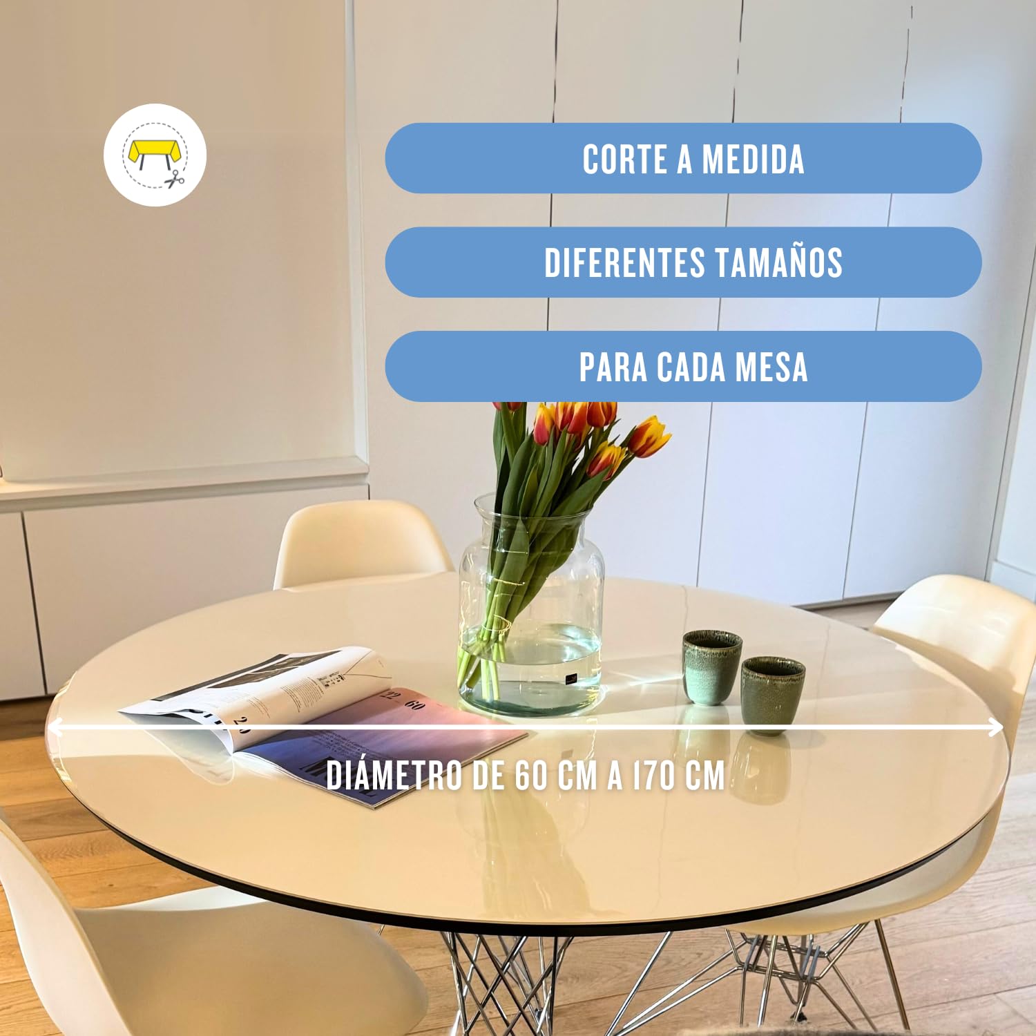 Trente Protector de Mesa Transparente Redondo 120 cm Ø – Grosor 2mm – Mantel Protector con Borde Oblicuo – Plástico Transparente Antimanchas e Impermeable – Fácil de Limpiar y Resistente