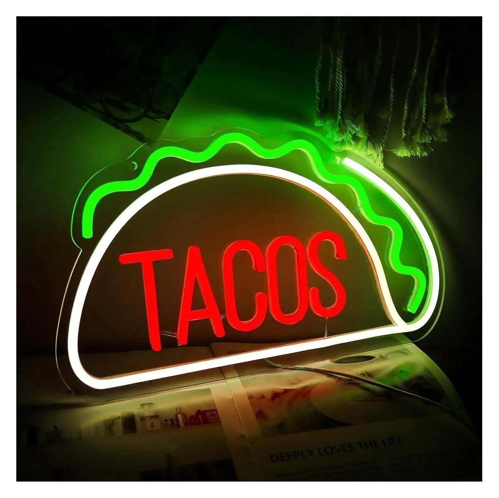 Letrero de neón Tacos de decoración luz neón para letreros brillo ajustable para luces 21,84 cm x 39,87
