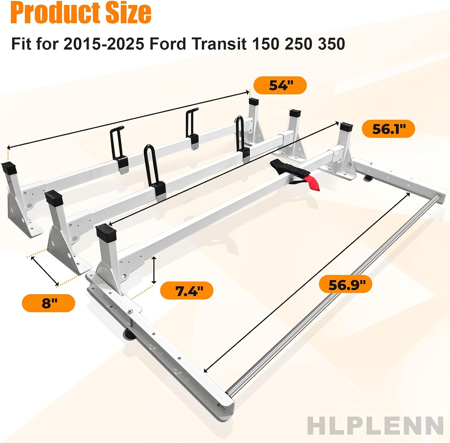 54" Ladder Roof Rack Fit for Ford Transit 150 250 350, 2015-2025 Heavy Duty Ladder Roof Rack with Rear Roller for Cargo Van, 800lbs Load Capacity (3 Crossbars), for Transporting Ladders, Pipes
