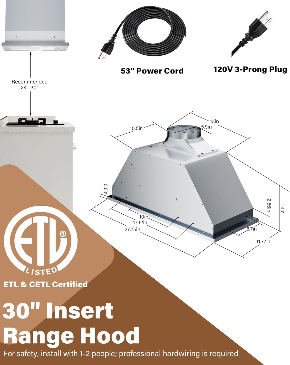 36 inch Stainless Steel Insert Range Hood - 900 CFM, Ultra-Quiet 4-Speed Vent, Button Control, LED Lights, Ducted/Ductless Convertible