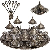 Vista 9 de Alisveristime Juego de té turco hecho a mano Zamzam para servir vasos, platillo, bandeja y cuchara (negro auténtico)