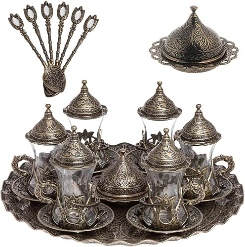 Miniatura 9 de Alisveristime Zamzam de té turco hecho a mano Juego de servir vasos platillo, bandeja y cuchara (plata)