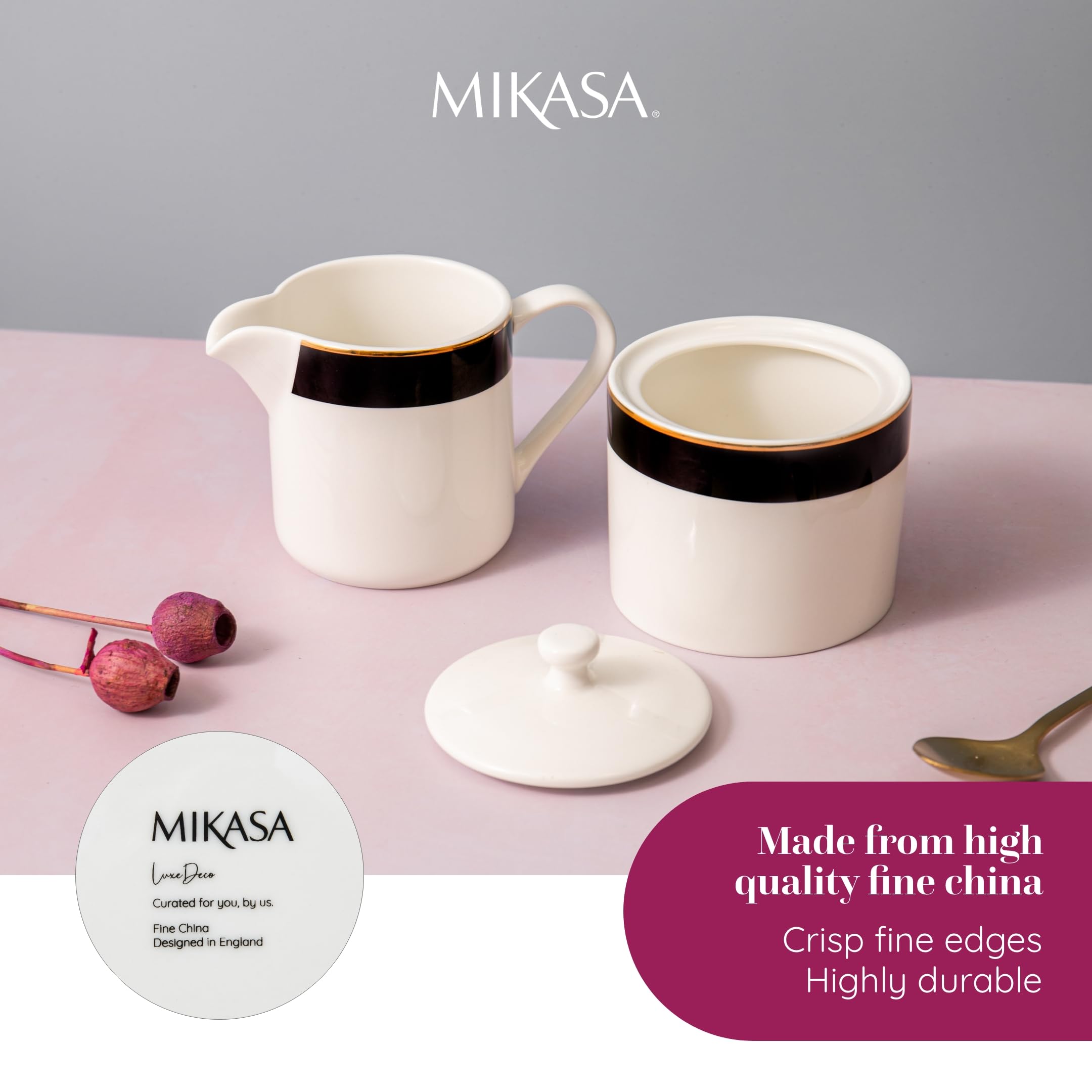 Mikasa Luxe Deco Porcelanowy zestaw do cukru i śmietanki, 245 ml, dzbanek z pokrywką na cukier i mleko, zapakowany w pudełko i można myć w zmywarce
