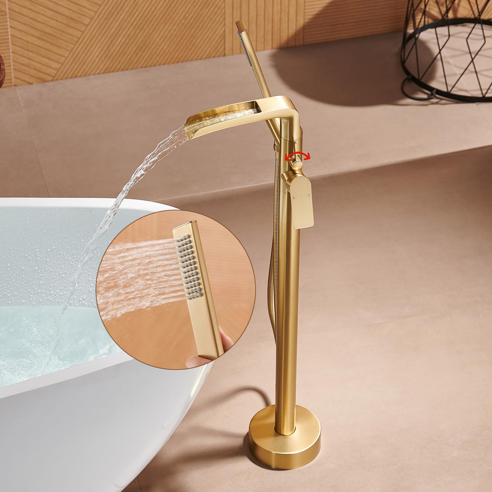 Grifo Mezclador de Bañera Y Ducha Independiente Grifo de Bañera de Pie con Agua Fría Y Caliente Tipo Cascada Y Ducha de Mano de Latón Monomando Gris
