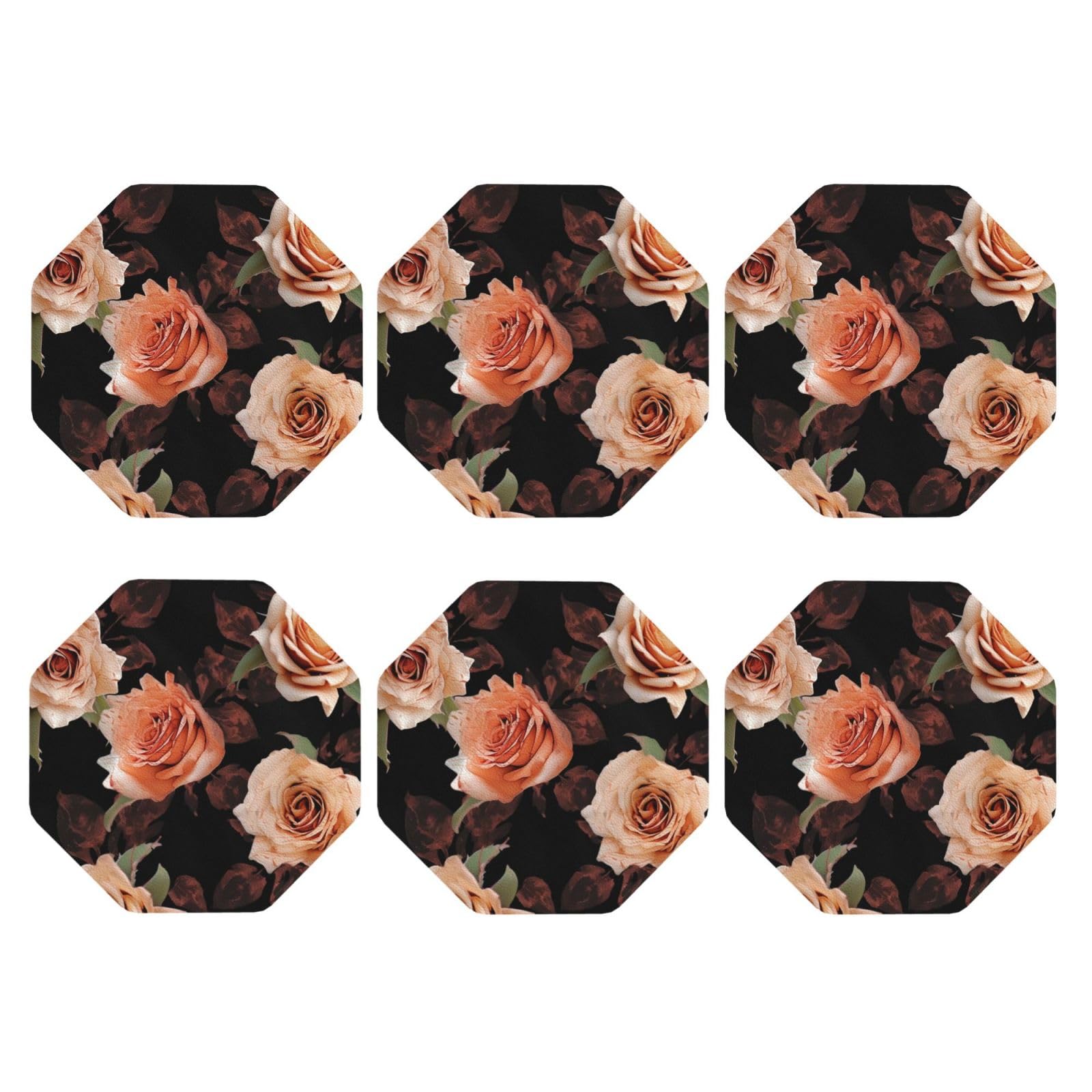 6pcs Leather Coasters for Drinks, Black Peach Rose Drink Coasters for Tabletop Protection, 4" Cup Coasters for Coffee Table Decor, Non-Slip Drinking Cup Mat for Hot Or Cold Drink