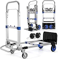 SCZXEOYM 3-in-1 Aluminum Folding Hand Truck Dolly: 600 lbs Heavy Duty Convertible Cart with 4 Rubber Wheels, Retractable Handle (Blue)