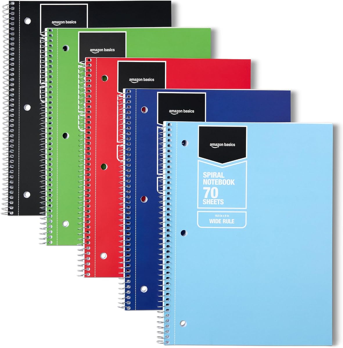 Amazon Basics Cuaderno de espiral con rayas anchas, para el trabajo y la escuela, 70 hojas, 8" x 10,5", colores sólidos surtidos, paquete de 5