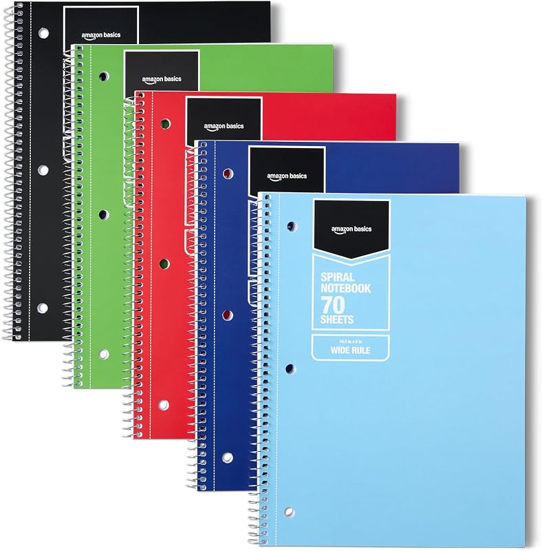 Amazon Basics Cuaderno de espiral con rayas anchas, para el trabajo y la escuela, 70 hojas, 8" x 10,5", colores sólidos surtidos, paquete de 5