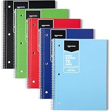 Amazon Basics Wide Ruled Spiral Notebook, For Work and School, 70 Sheets, 8" x 10.5", Assorted Solid Colors, 5 pack