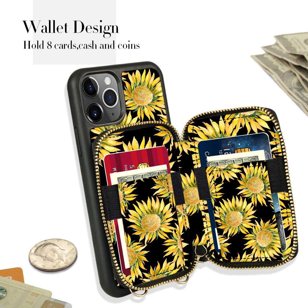 ZVE iPhone 12 Floral Print Case Wallet iPhone 12 pro Zipper case with Card Holder Slot Wrist Strap Women Handbag Protective Leather Case Cover for 2020 iPhone 12/iPhone 12 Pro, 5G, 6.1" - Sunflower
