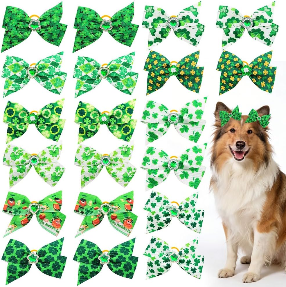 20pcs St.Patrick's Day Dog Bows with Rubber Bands, St.Patrick's Day Green Lucky Clover Element Dog Hair Bows for Large Dog Hair Accessories(for St. Patrick, Large (3 inch))