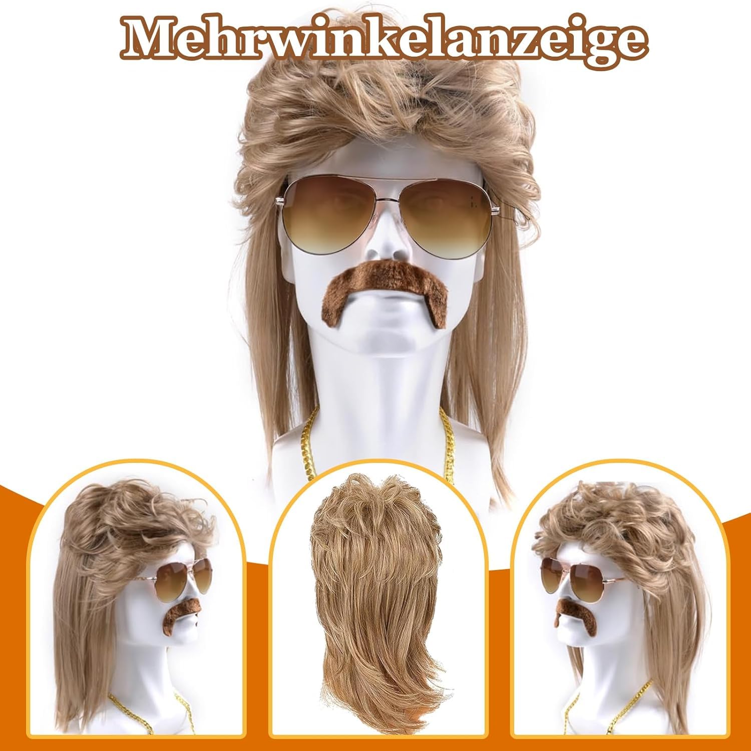 Vokuhila Perücke Herren,4 Stück Vokuhila Perücke Set,80er Perücke Herren,Synthetische Perücke,Perücken Wig Sonnenbrille Halskette,Outfit Accessoires Herren,Männer Perücke Cosplay Kostüm Party