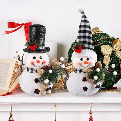 Miniatura 2 de Decoración de muñeco de nieve a cuadros en blanco y negro (juego de 2 piezas) - Muñecas de felpa de Navidad de invierno para bandeja escalonada,