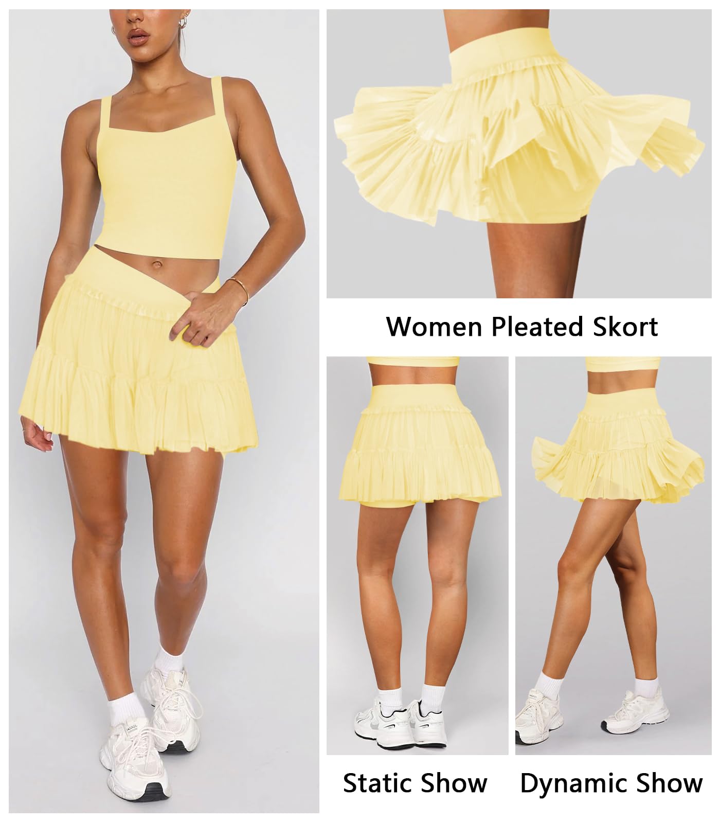 Hragc Jupe de tennis plissée fluide à volants pour femme - Taille haute - Mini jupe de golf athlétique avec poche courte