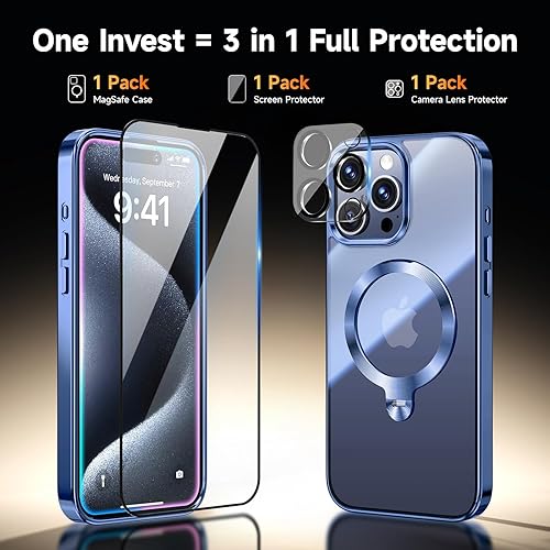 Miniatura 3 de Protección Tri-Shield Funda para iPhone 15 Pro Max con soporte giratorio de 360 compatible con MagSafe anillo magnético de CD protector de pantalla