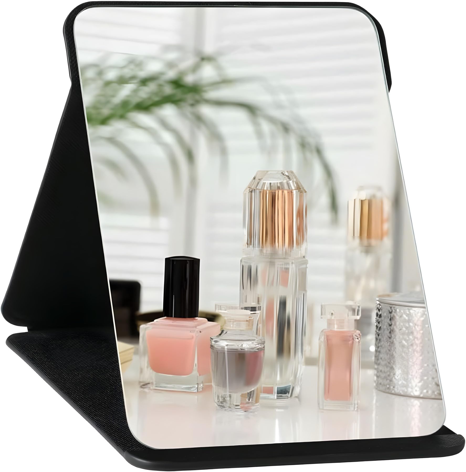 ONICORN Folding Makeup Mirror - Portable Small Size PU Leather Travel Mirror, Exquisite HD Round Edge Corner Glass, Adjustable Angle Vanity Mirror with Stand (Black Pack of 1)