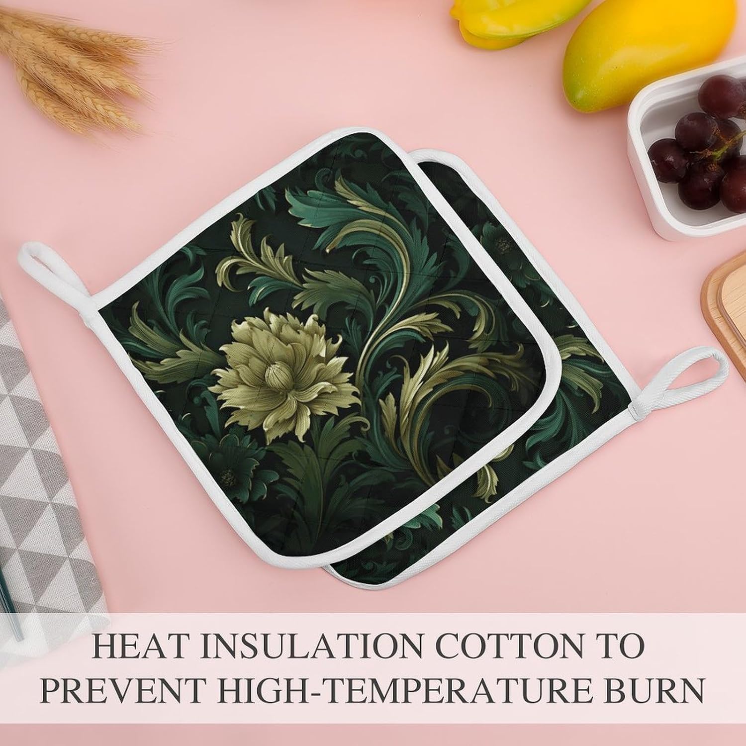 Square Potholders 2-Piece Set,Dark Green and Green Style Printed Kitchen Insulation Mats Heat-Resistant Non-Slip Insulation Mats with Hanging Rings for Kitchen Cooking Baking BBQ