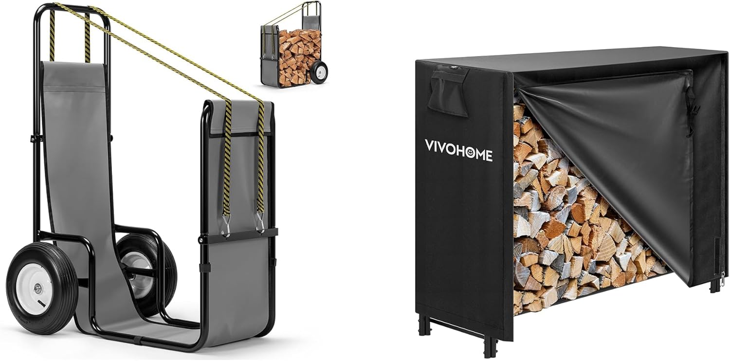 VIVOHOME Firewood Cart with Rubber Wheels and 600D Oxford Cloth, X-Large 300 LB Log Carrier, with VIVOHOME 4ft Heavy Duty Indoor Outdoor Firewood Storage Log Rack and Cover Combo Set with Zipper