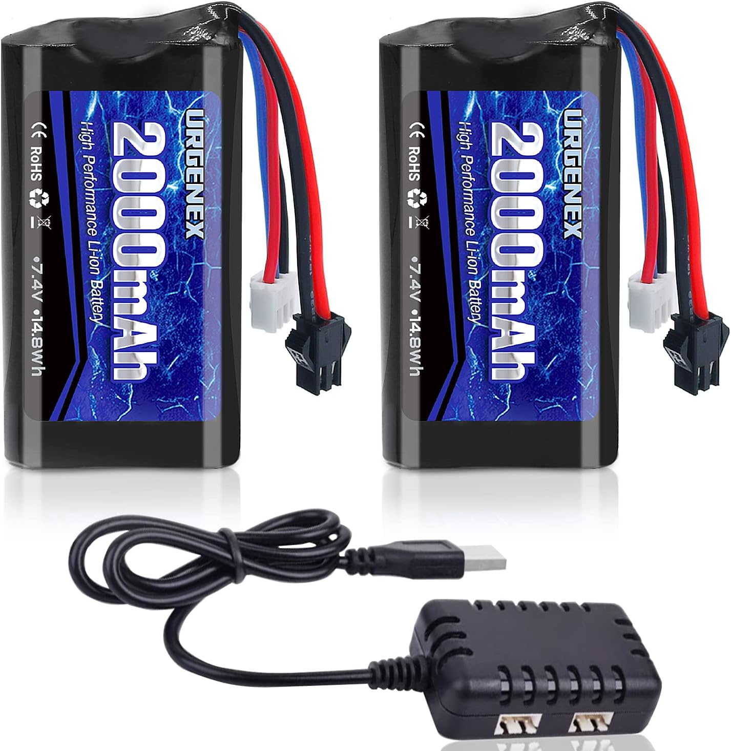 7.4V Li-ion Battery 2000mAh 2S Battery with SM 2P Plug High Capacity for Remote Control RC Boat 2 Pack H101 RC Batteries with 1 TO 2 USB Charger