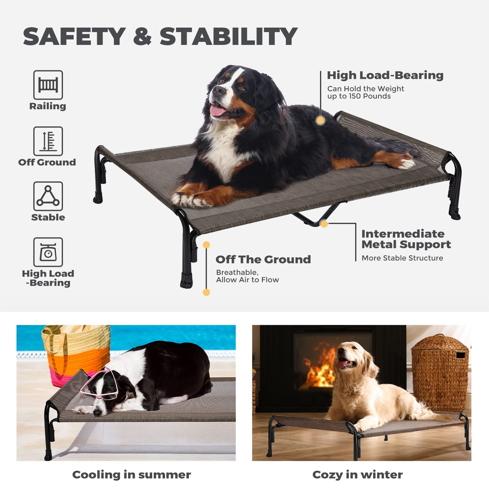 Veehoo Cooling Elevated Dog Bed, Outdoor Raised Dog Cots Bed for Large Dogs, Chew Proof Standing Pet Bed with Washable Breathable Mesh, No-Slip Feet for Indoor Outdoor, XX-Large, Brown