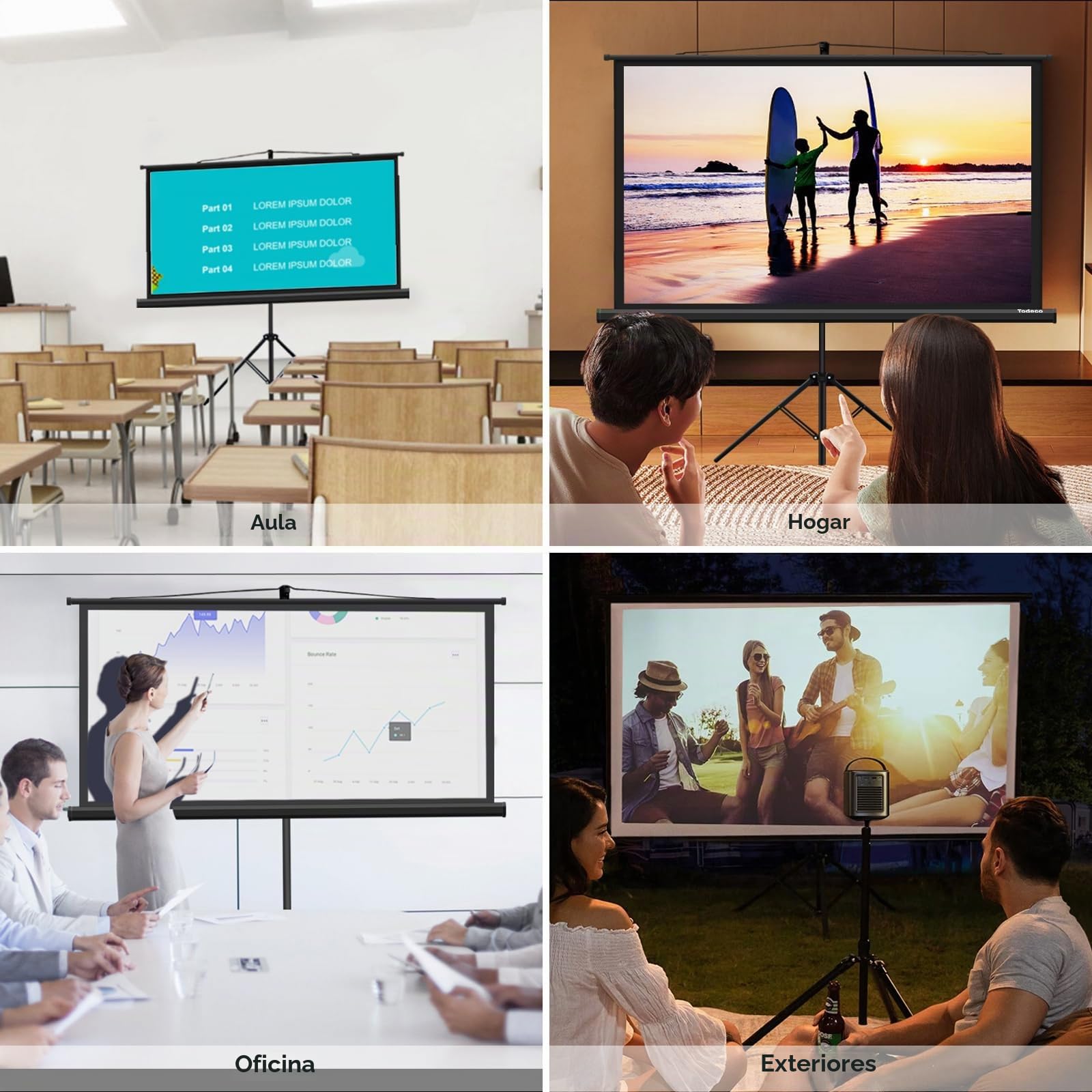 Todeco Pantalla Proyector con Trípode 60 Pulgada, 16:9 | Altura ajustable, portátil y manual plegable, HD 4K y 3D, ideal para casa, oficina y exterior