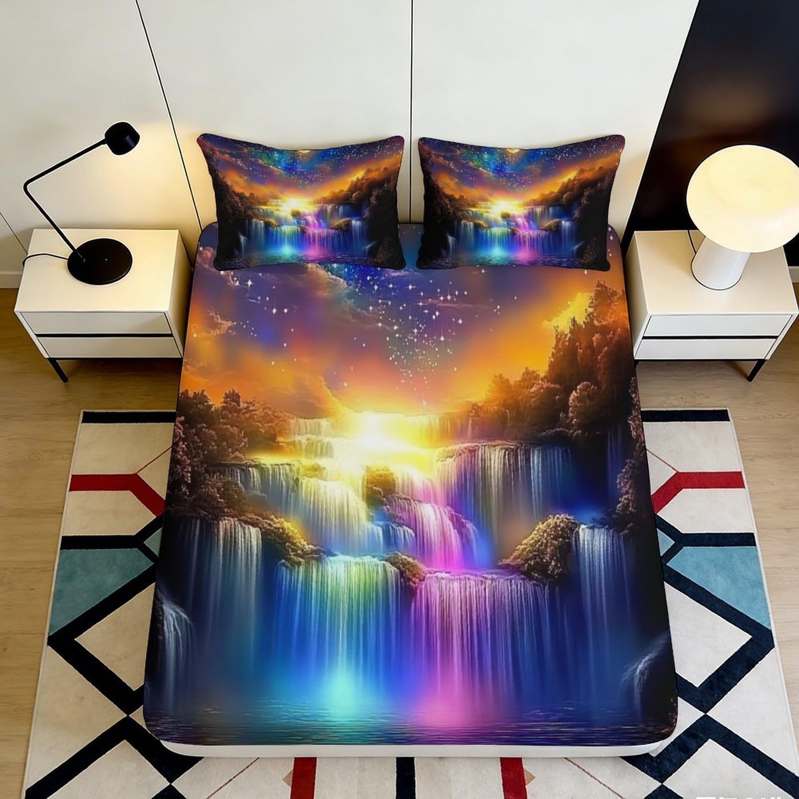 3D Printed Sunset Waterfall Fitted Sheet Microfiber Soft Anti-Slip Rainbow Landscape Mattress Cover Bedroom Decor 90x200x25cm