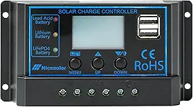 Nicesolar Controlador de Carga Solar 20A 12V 24V com Regulador Pwm para Sistema de Kit de Painel Solar, Baterias Agm de Chumbo-Ácido, Gel, Seladas E Inundadas, E Baterias de Lítio Lifepo4