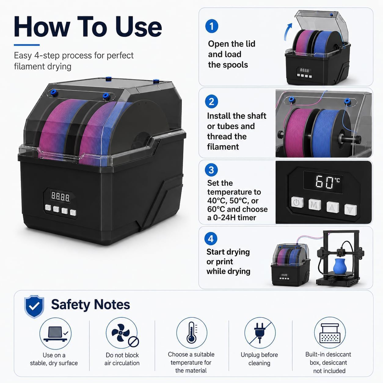 Caja secadora de filamento para impresora 3D, bobina doble, calefacción de 60 °C